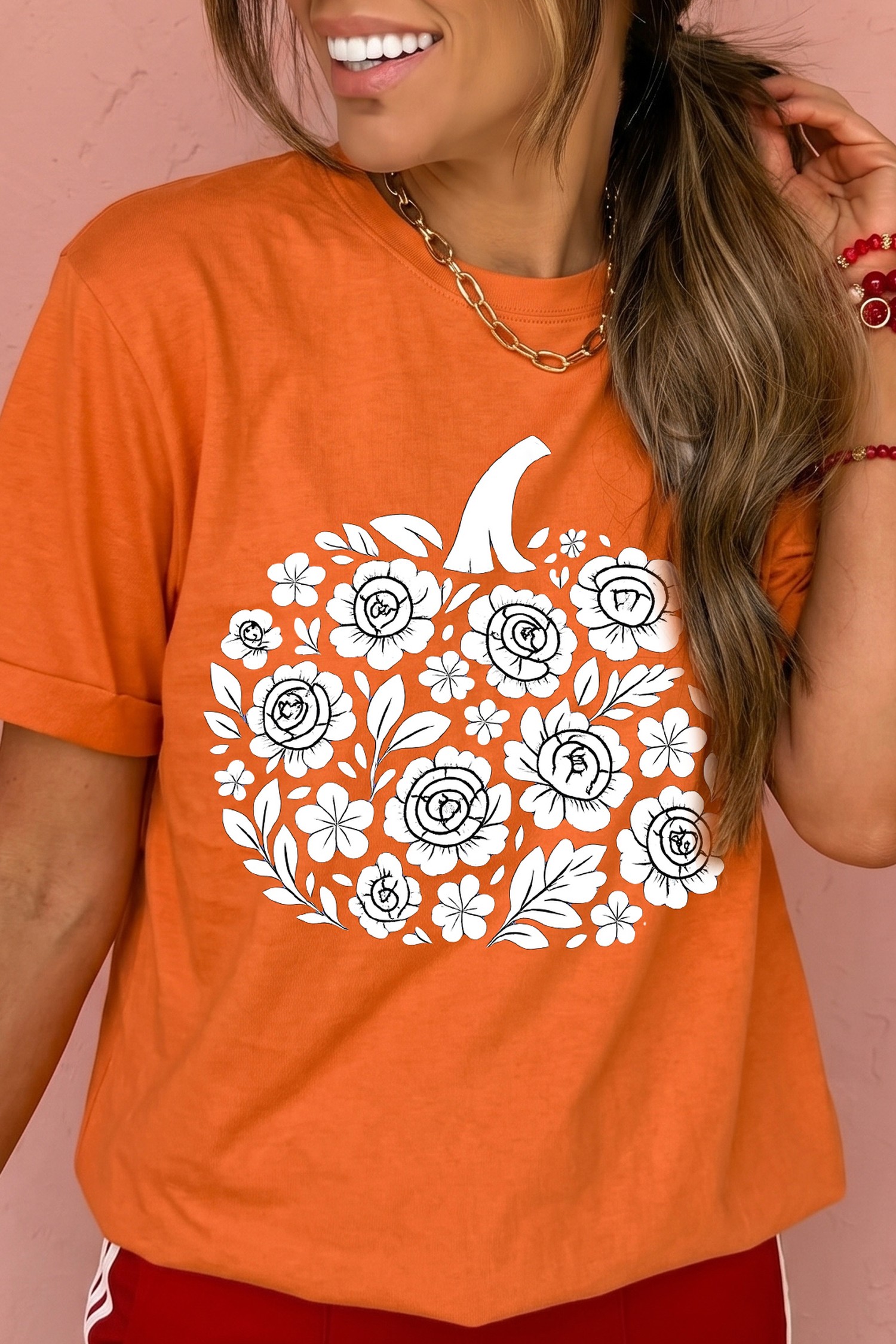 Orange Floral Pumpkin Women's T Shirt, Casual Round Neck Tee - Detail View 7 Orange Floral Pumpkin Women's T Shirt, Casual Round Neck Tee - Detail View 7