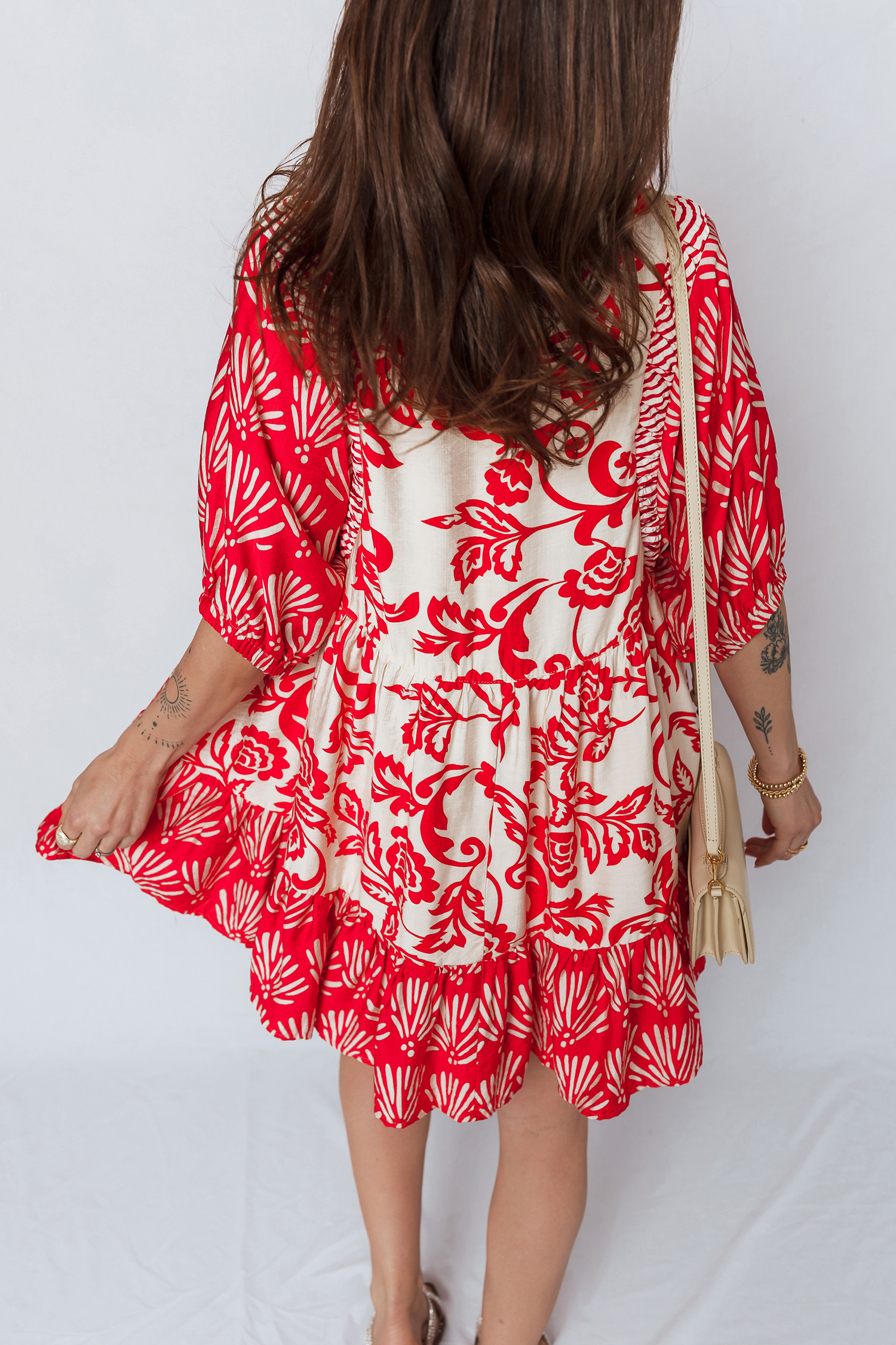 Bohemian Red Flower Mini Dress – Loose Fit V Neck Half Sleeve for Vacation Adventures - Detail View 3 Bohemian Red Flower Mini Dress – Loose Fit V Neck Half Sleeve for Vacation Adventures - Detail View 3