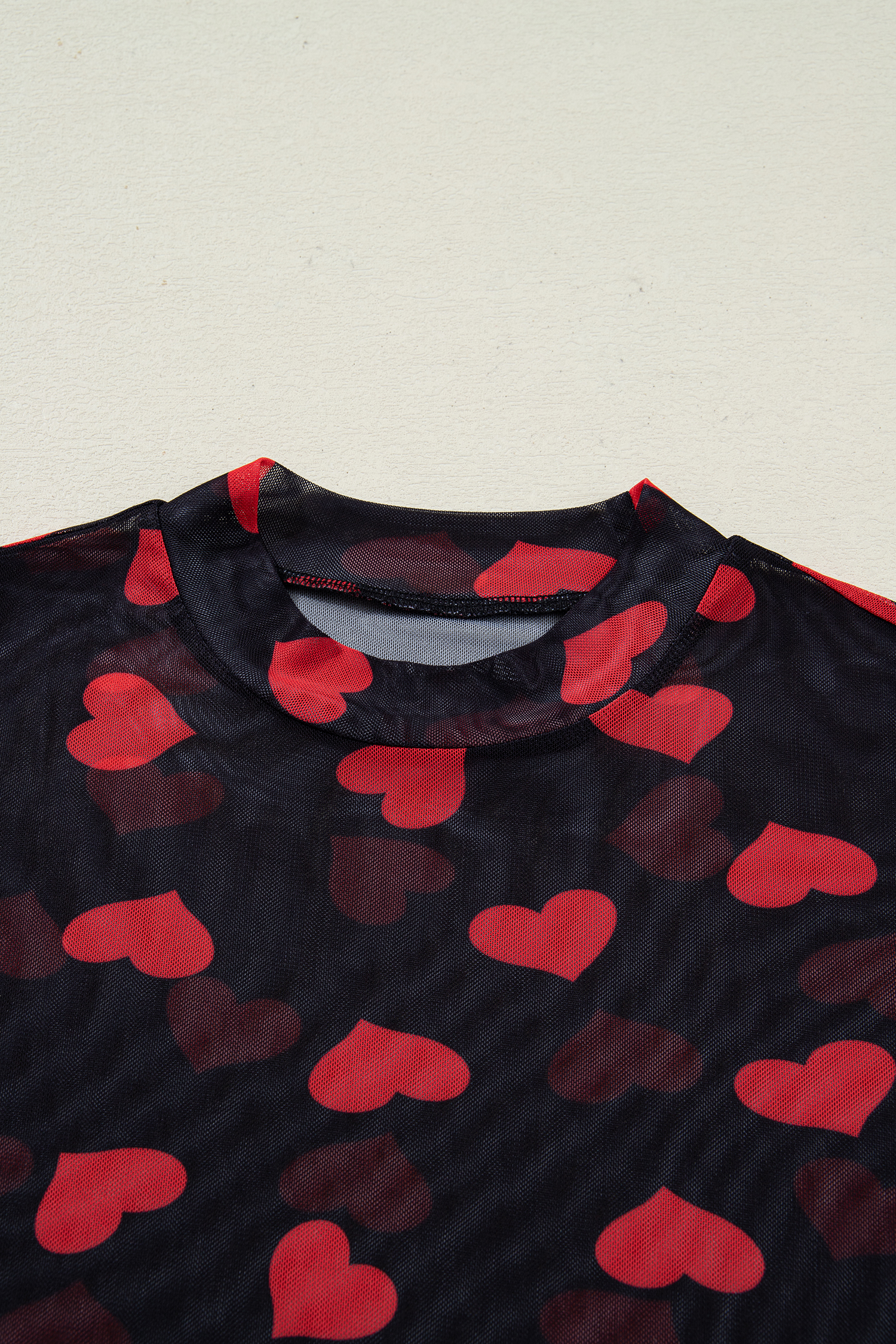 Women's Black Heart Printed Sheer Mesh Long Sleeve Top – Chic Casual Wear for Valentine's Day - Detail View 10 Women's Black Heart Printed Sheer Mesh Long Sleeve Top – Chic Casual Wear for Valentine's Day - Detail View 10