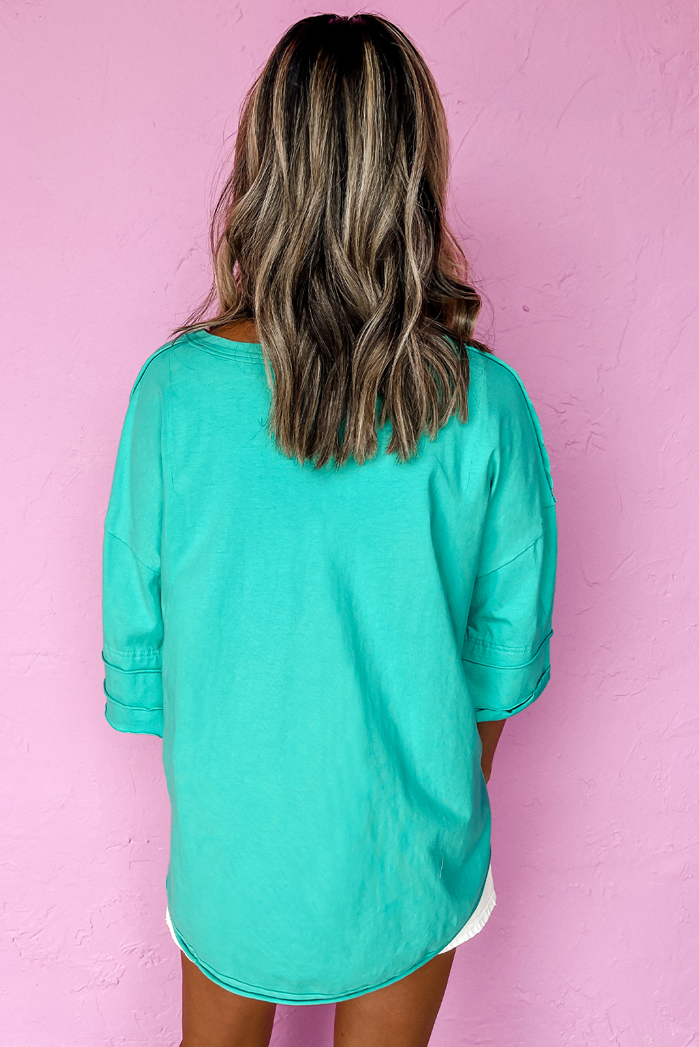 Casual Mint Green Half Sleeve Top with Buttoned Henley Neckline - Detail View 10 Casual Mint Green Half Sleeve Top with Buttoned Henley Neckline - Detail View 10