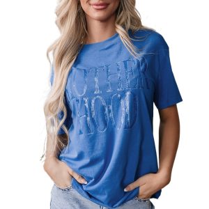 Sky Blue Vintage 'MOTHERHOOD' Letter Graphic T-Shirt for Women - Main View