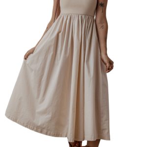 Women's Elegant Beige Scoop Neck Ribbed Bodice Pleated Sleeveless Maxi Dress - Main View