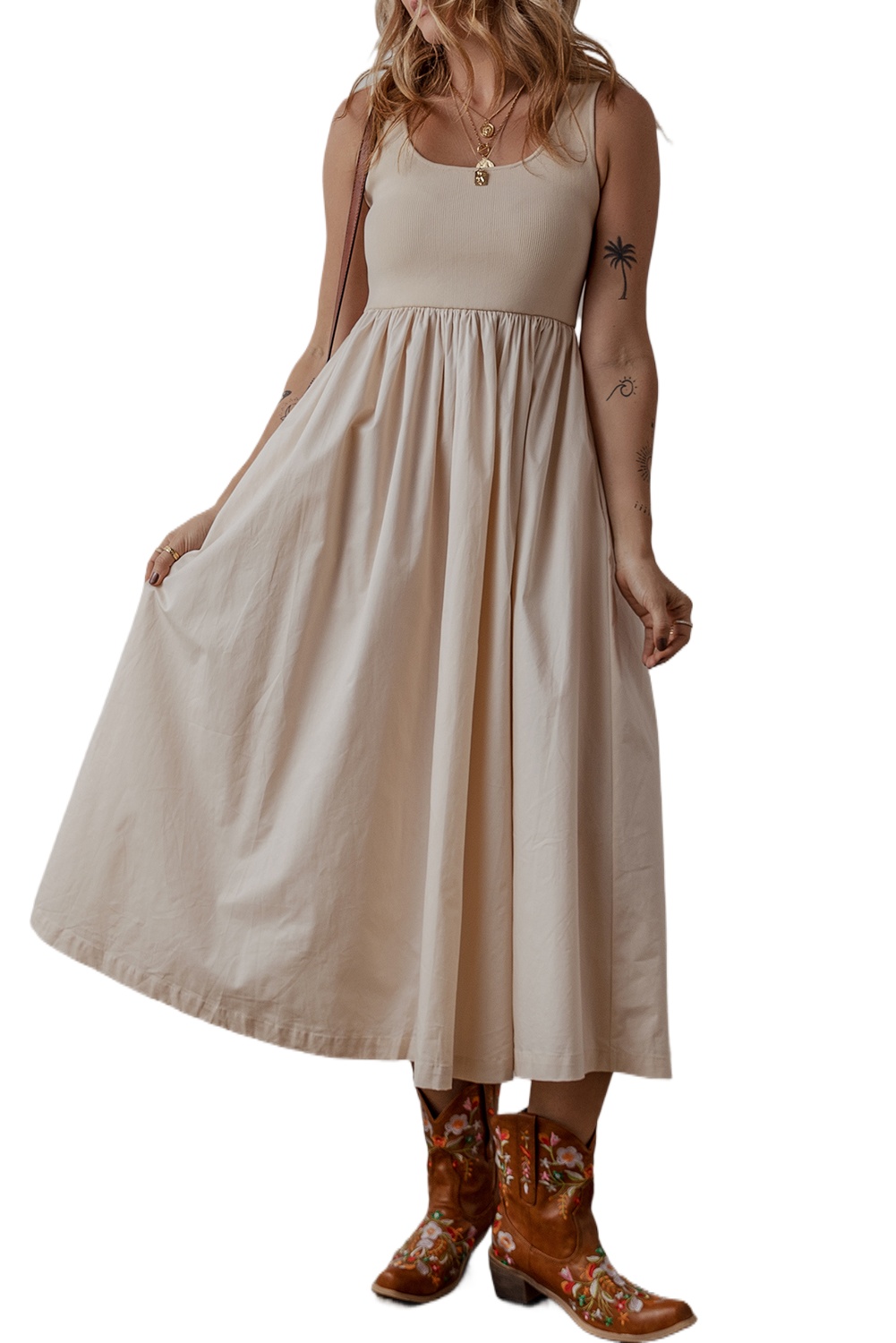 Women's Elegant Beige Scoop Neck Ribbed Bodice Pleated Sleeveless Maxi Dress - Main View Women's Elegant Beige Scoop Neck Ribbed Bodice Pleated Sleeveless Maxi Dress - Main View