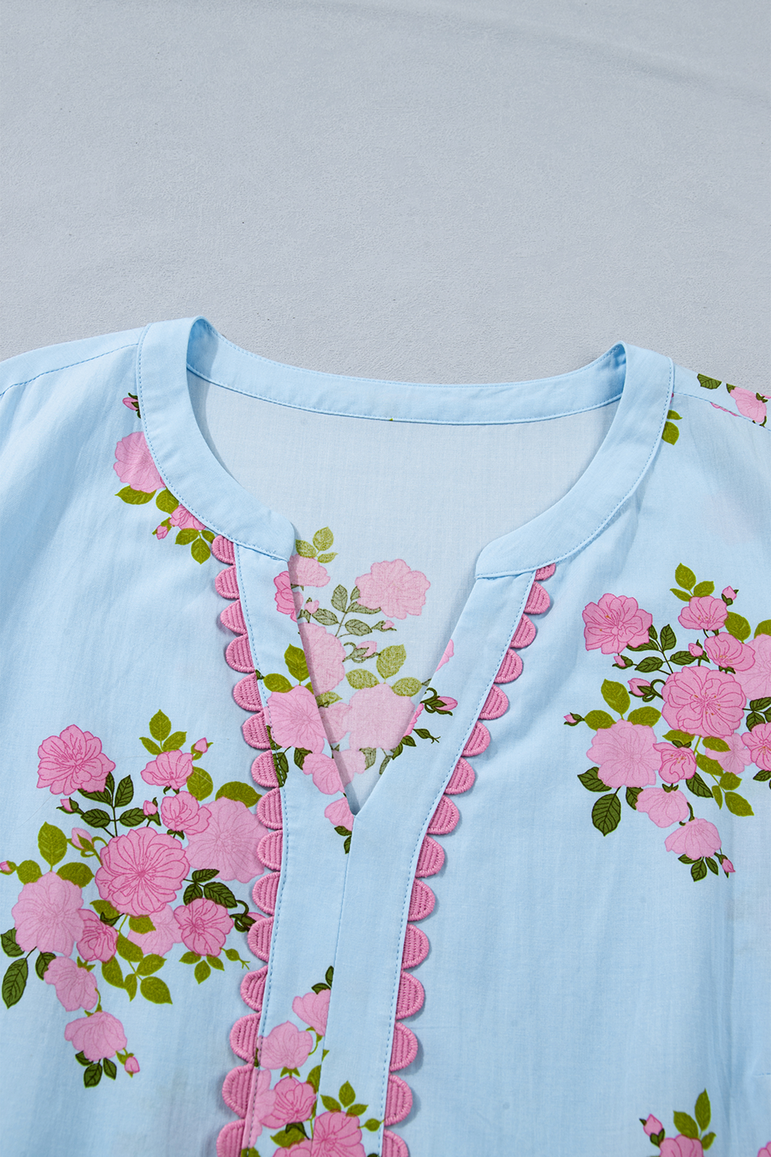 Floral Print V-Neck Summer Dress for Women – Sky Blue Short Sleeve Vacation Maxi with Rick Rack Trim - Detail View 8 Floral Print V-Neck Summer Dress for Women – Sky Blue Short Sleeve Vacation Maxi with Rick Rack Trim - Detail View 8
