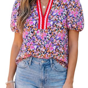 Women's Floral V Neck Blouse – Casual Plaid Trim Top - Main View