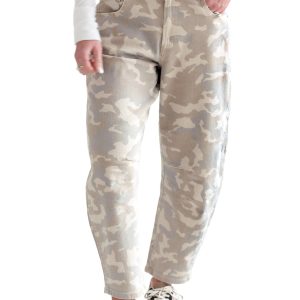 Women's Khaki Camo Jeans, Relaxed High Waisted Denim Pants - Main View
