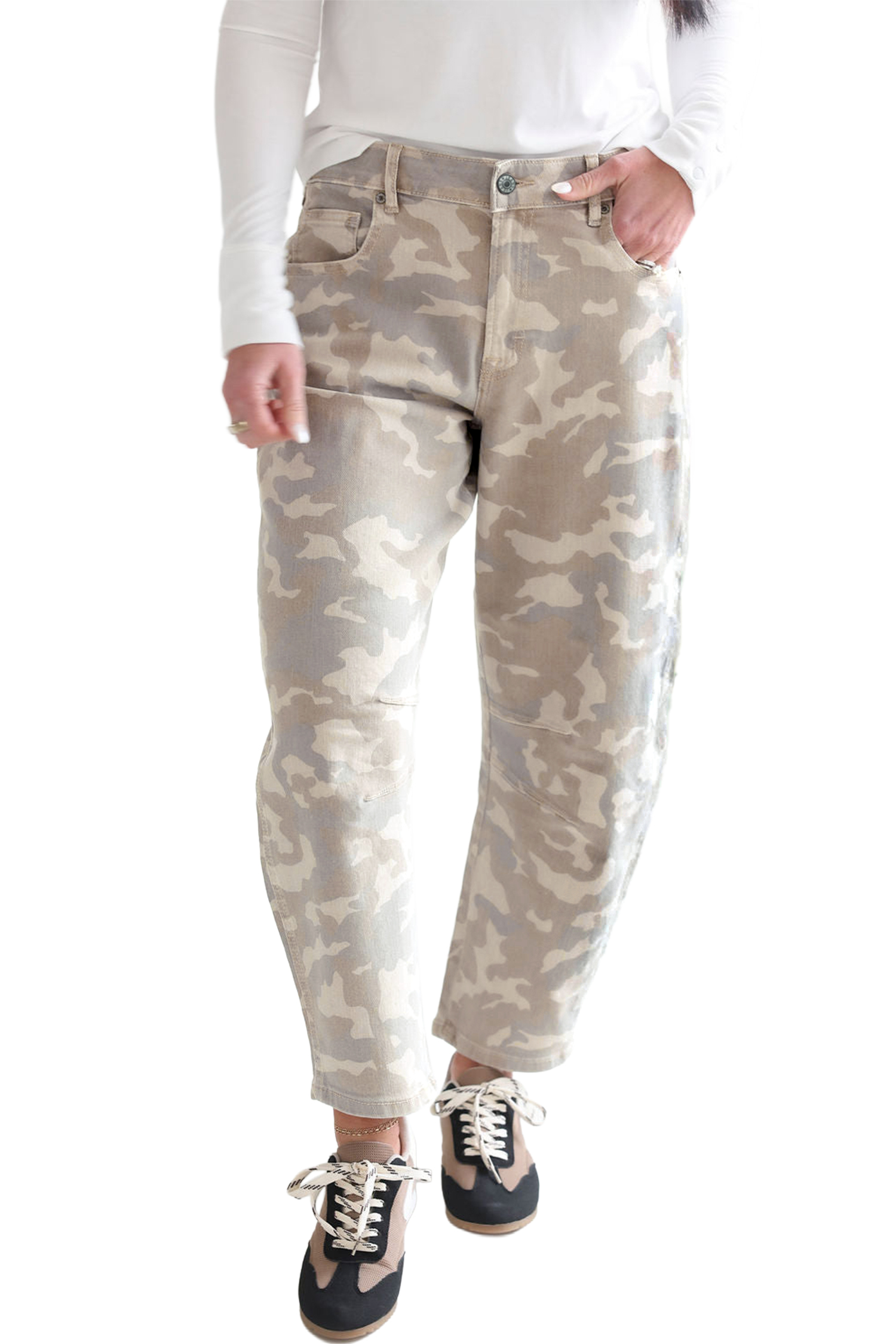 Women's Khaki Camo Jeans, Relaxed High Waisted Denim Pants - Main View Women's Khaki Camo Jeans, Relaxed High Waisted Denim Pants - Main View