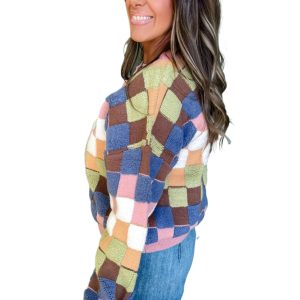 Multicolour Plush Checkered Pattern Button Front Cardigan Sweater for Women - Main View
