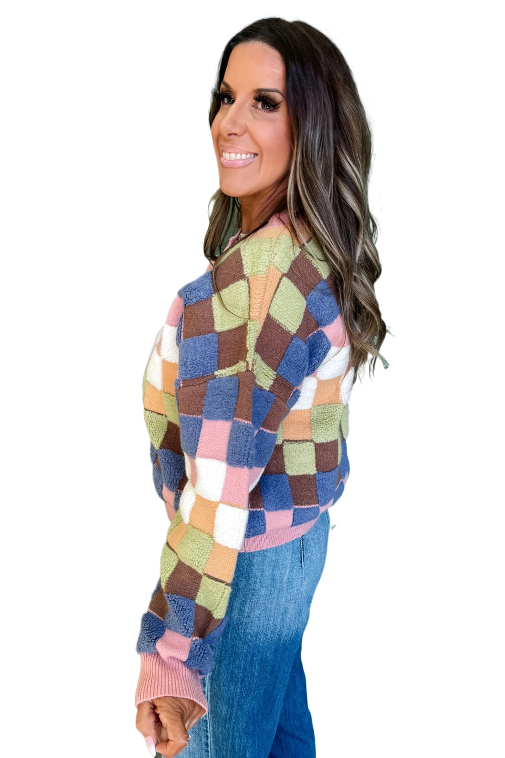 Multicolour Plush Checkered Pattern Button Front Cardigan Sweater for Women - Main View Multicolour Plush Checkered Pattern Button Front Cardigan Sweater for Women - Main View