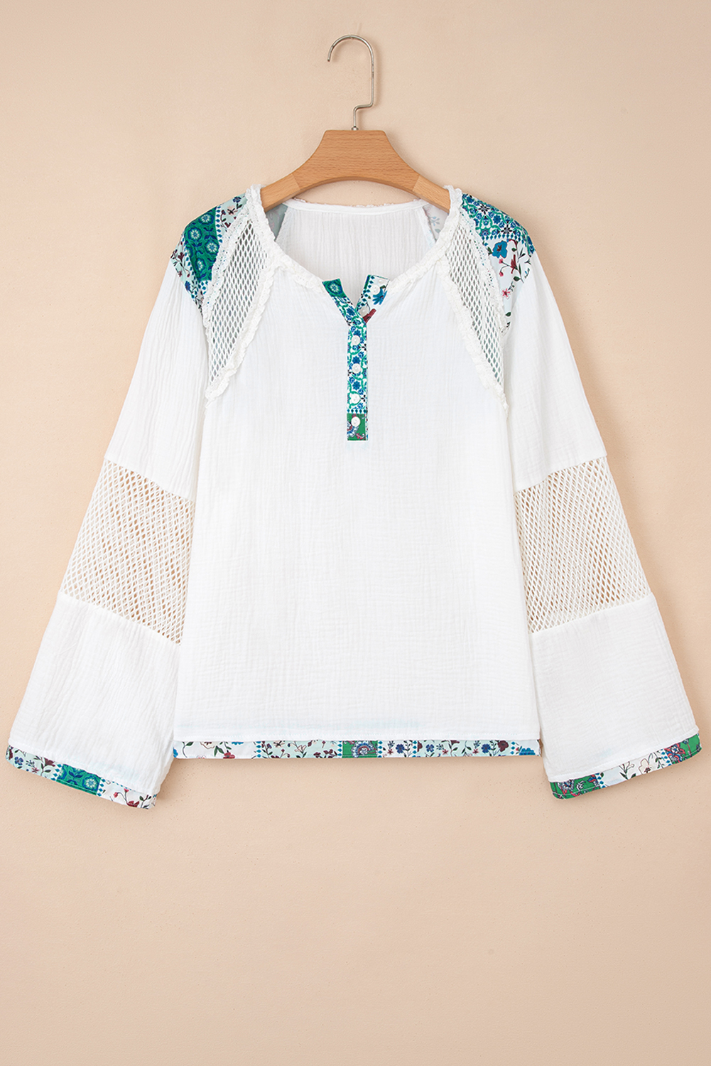 Women's White Color Block Half Button Blouse with Plant Mesh Patchwork - Detail View 5 Women's White Color Block Half Button Blouse with Plant Mesh Patchwork - Detail View 5