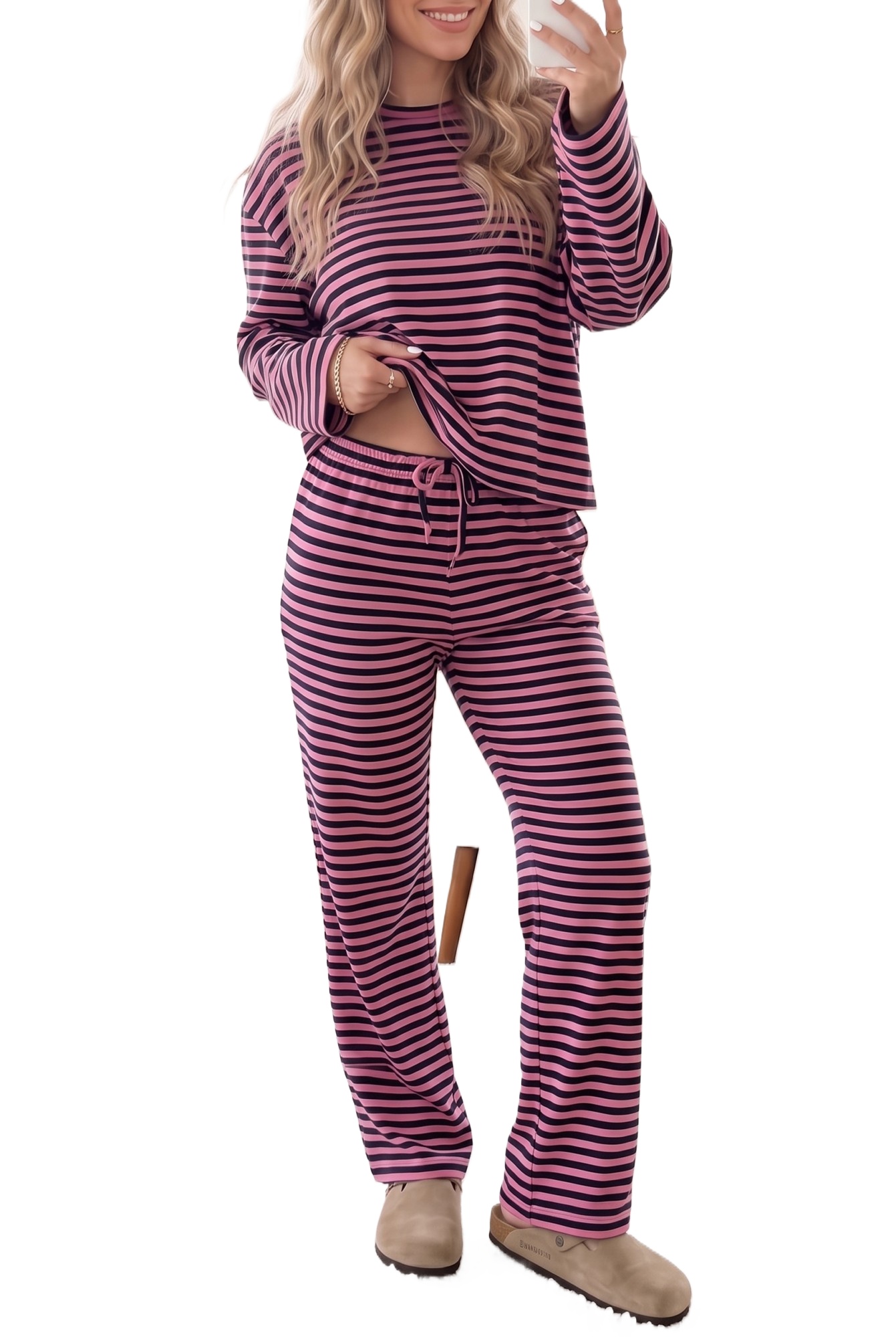 Striped Women's Lounge Set, Casual Daily Home Wear - Main View Striped Women's Lounge Set, Casual Daily Home Wear - Main View