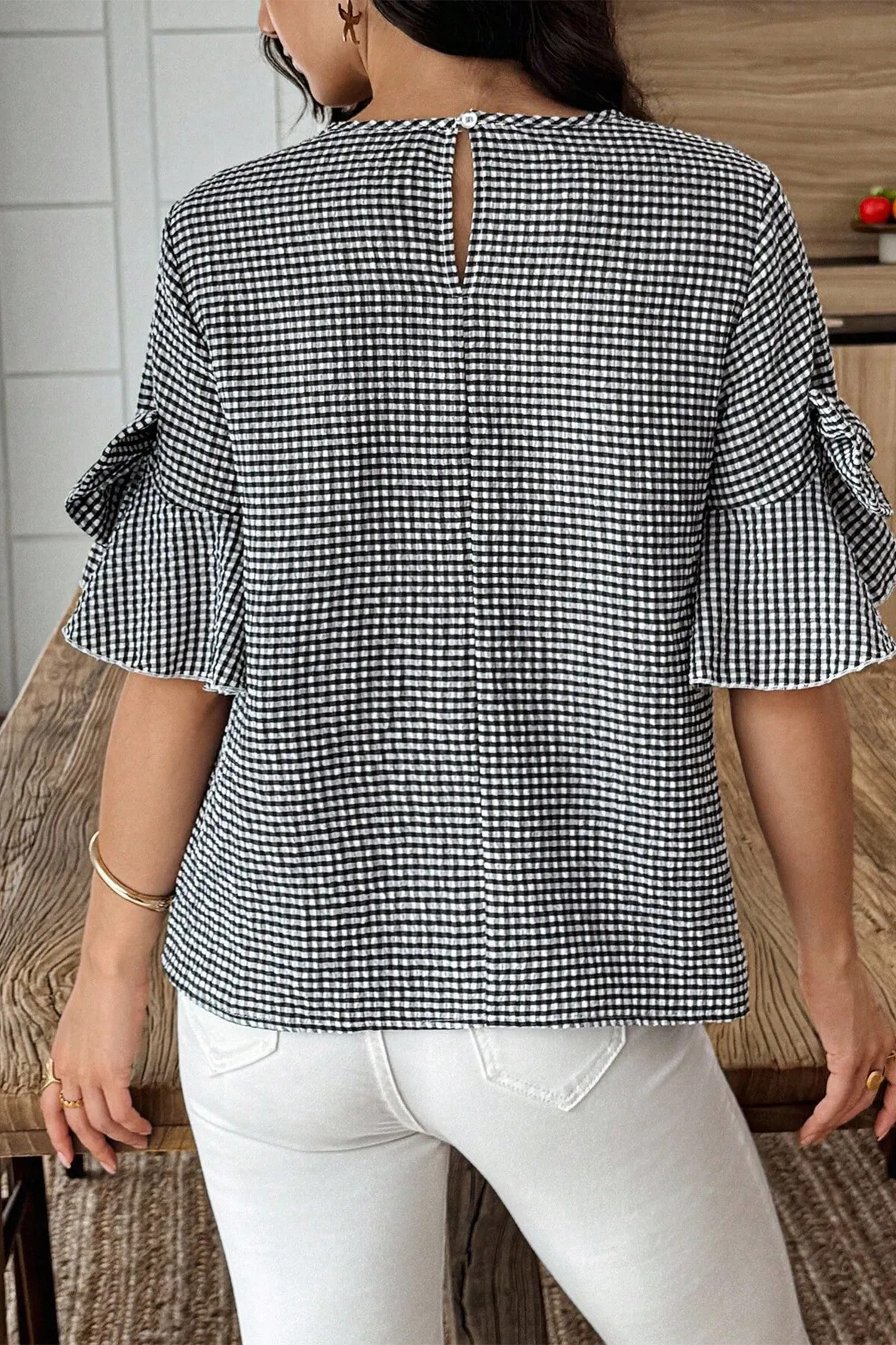 Chic Plaid Shift Top for Women - Ruffled Half Sleeve Round Neck Blouse, Summer Casual Style - Detail View 20 Chic Plaid Shift Top for Women - Ruffled Half Sleeve Round Neck Blouse, Summer Casual Style - Detail View 20