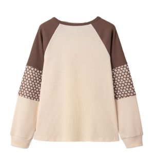 Women's Brown Floral Patchwork Long Sleeve Top – Stylish Casual Wear for Fall - Main View