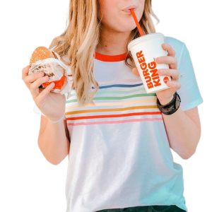 Women's White Rainbow Stripe Print Contrast Crewneck T-Shirt - Casual Summer Style - Main View