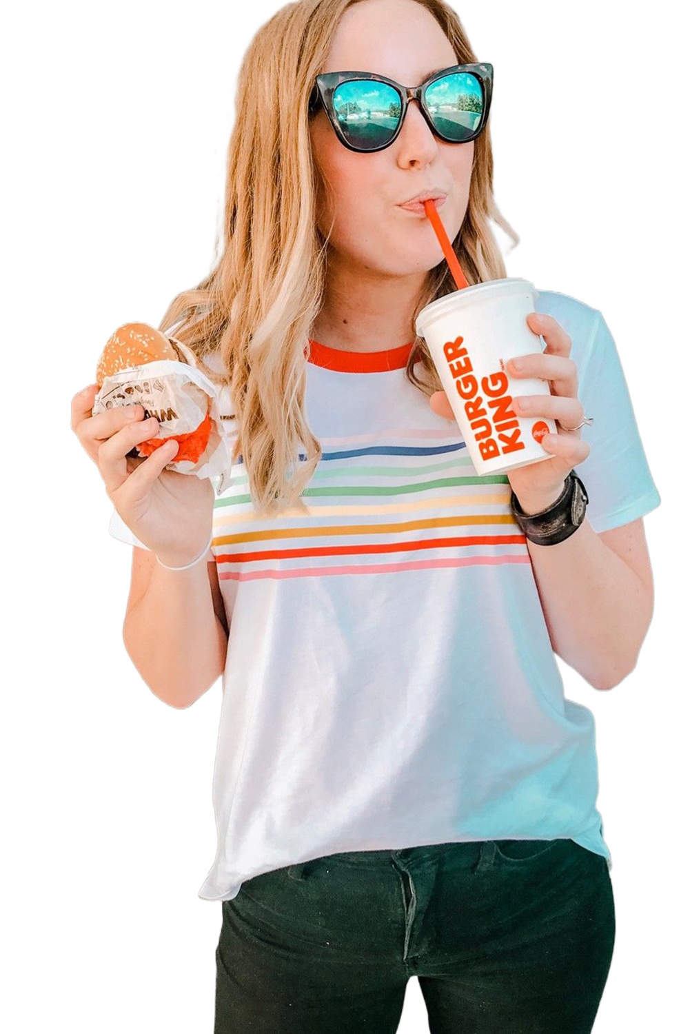 Women's White Rainbow Stripe Print Contrast Crewneck T-Shirt - Casual Summer Style - Main View Women's White Rainbow Stripe Print Contrast Crewneck T-Shirt - Casual Summer Style - Main View