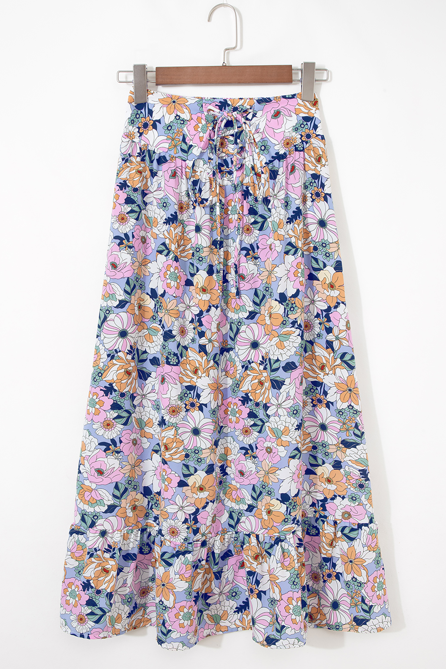 Women's Pink Floral Maxi Skirt – High Waist Lace-Up Ruffle Hem Long Skirt, Casual Southern Belle Style - Detail View 7 Women's Pink Floral Maxi Skirt – High Waist Lace-Up Ruffle Hem Long Skirt, Casual Southern Belle Style - Detail View 7