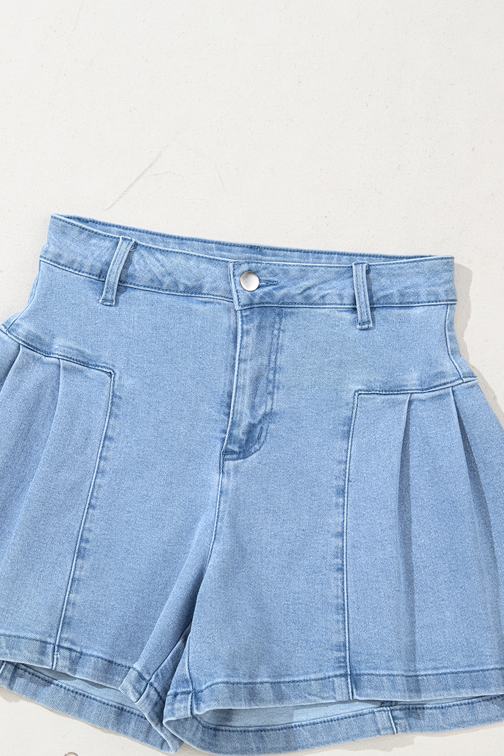 Women's Denim Shorts, Dusk Blue, Pleated Detail, Wide Leg, Lightweight, High Waist, Casual Style, Summer Fashion, Comfortable Fit, Solid Color, Daily Wear, Trendy Design, Natural Waistline, Pocket Detail, Soft Fabric - Detail View 8 Women's Denim Shorts, Dusk Blue, Pleated Detail, Wide Leg, Lightweight, High Waist, Casual Style, Summer Fashion, Comfortable Fit, Solid Color, Daily Wear, Trendy Design, Natural Waistline, Pocket Detail, Soft Fabric - Detail View 8