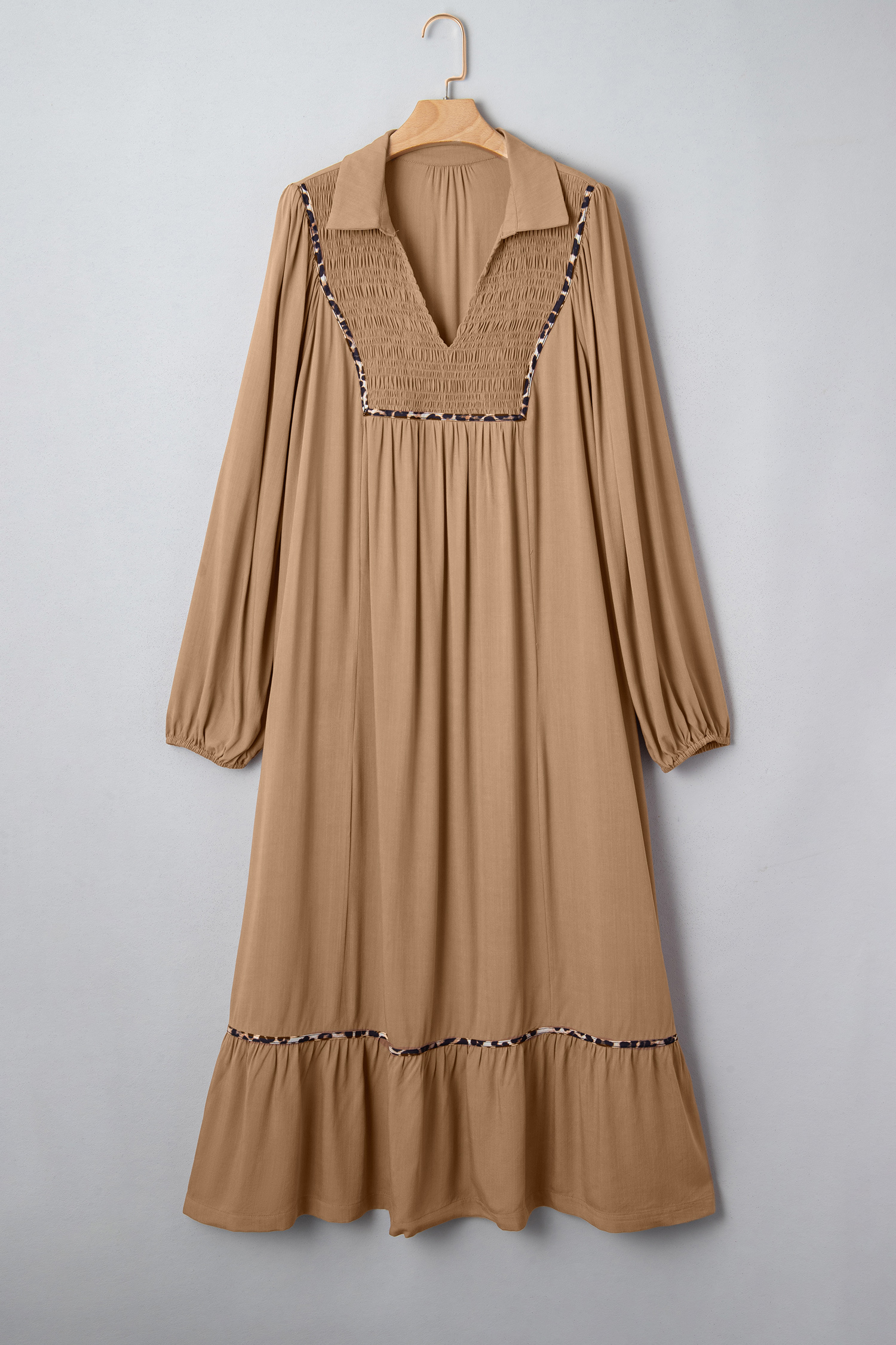 Casual Plus Size Long Dress in Chestnut – V Neckline with Leopard Print for Spring Outings - Detail View 3 Casual Plus Size Long Dress in Chestnut – V Neckline with Leopard Print for Spring Outings - Detail View 3