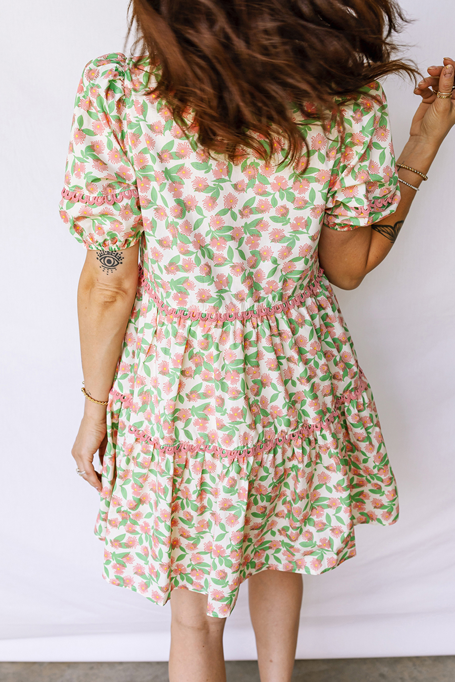 Chic Green Floral Shift Dress with Ricrac Trim – Perfect for Graduations and Daily Wear - Detail View 2 Chic Green Floral Shift Dress with Ricrac Trim – Perfect for Graduations and Daily Wear - Detail View 2