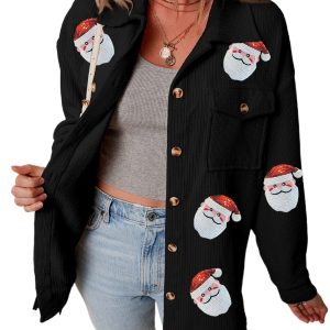 Women's Black Sequin Santa Shacket – Casual Long Sleeve Button-Down for Daily Wear - Main View