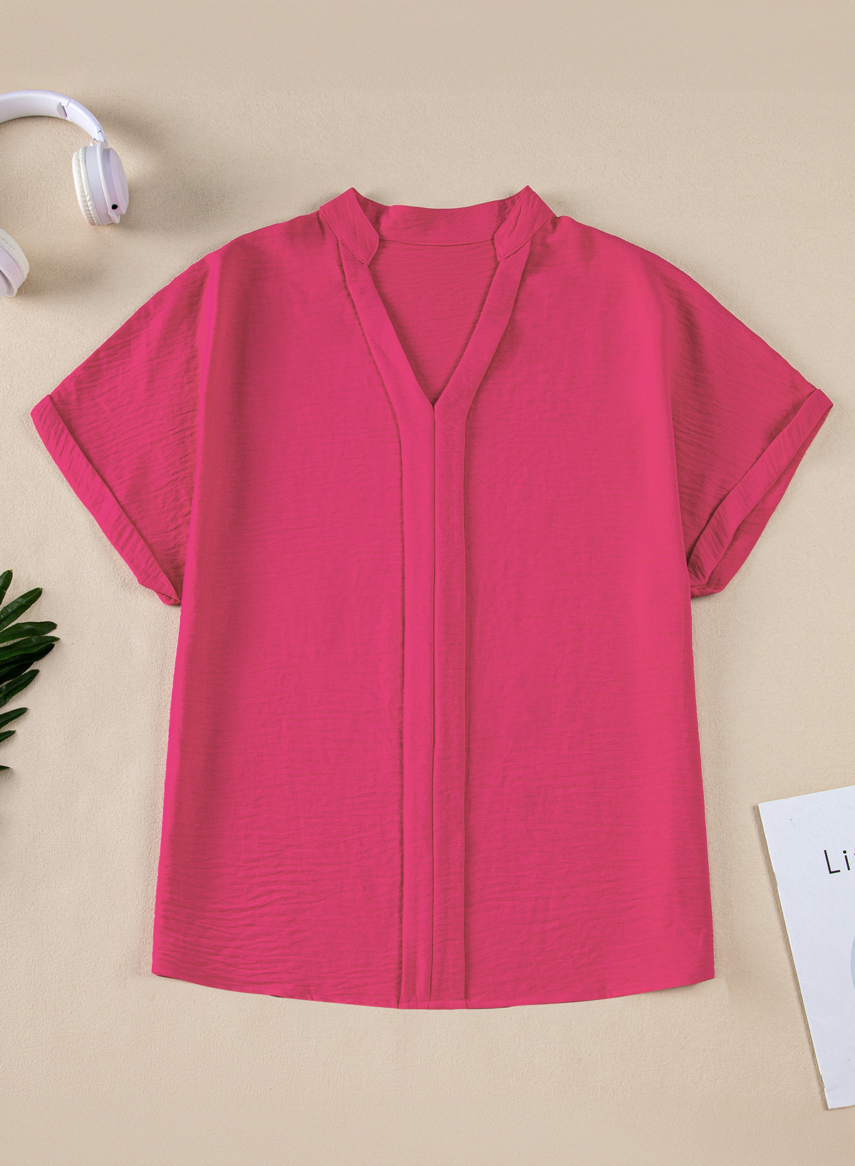 Women's Blouse, Rose Red, Batwing Sleeve, Notched Neck, Lightweight, Casual, Elegant, Short Sleeve, V Neck, Solid Color, Summer Wear, Daily Wear, Office Style, Textured Fabric, Shift Silhouette - Detail View 8 Women's Blouse, Rose Red, Batwing Sleeve, Notched Neck, Lightweight, Casual, Elegant, Short Sleeve, V Neck, Solid Color, Summer Wear, Daily Wear, Office Style, Textured Fabric, Shift Silhouette - Detail View 8