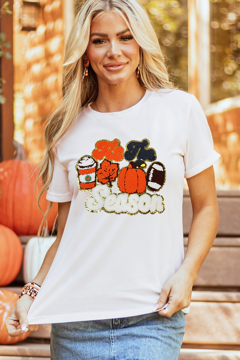 Women's White 'Tis The Season Pumpkin Spice Latte Lover Graphic Crewneck T-Shirt - Detail View 5 Women's White 'Tis The Season Pumpkin Spice Latte Lover Graphic Crewneck T-Shirt - Detail View 5