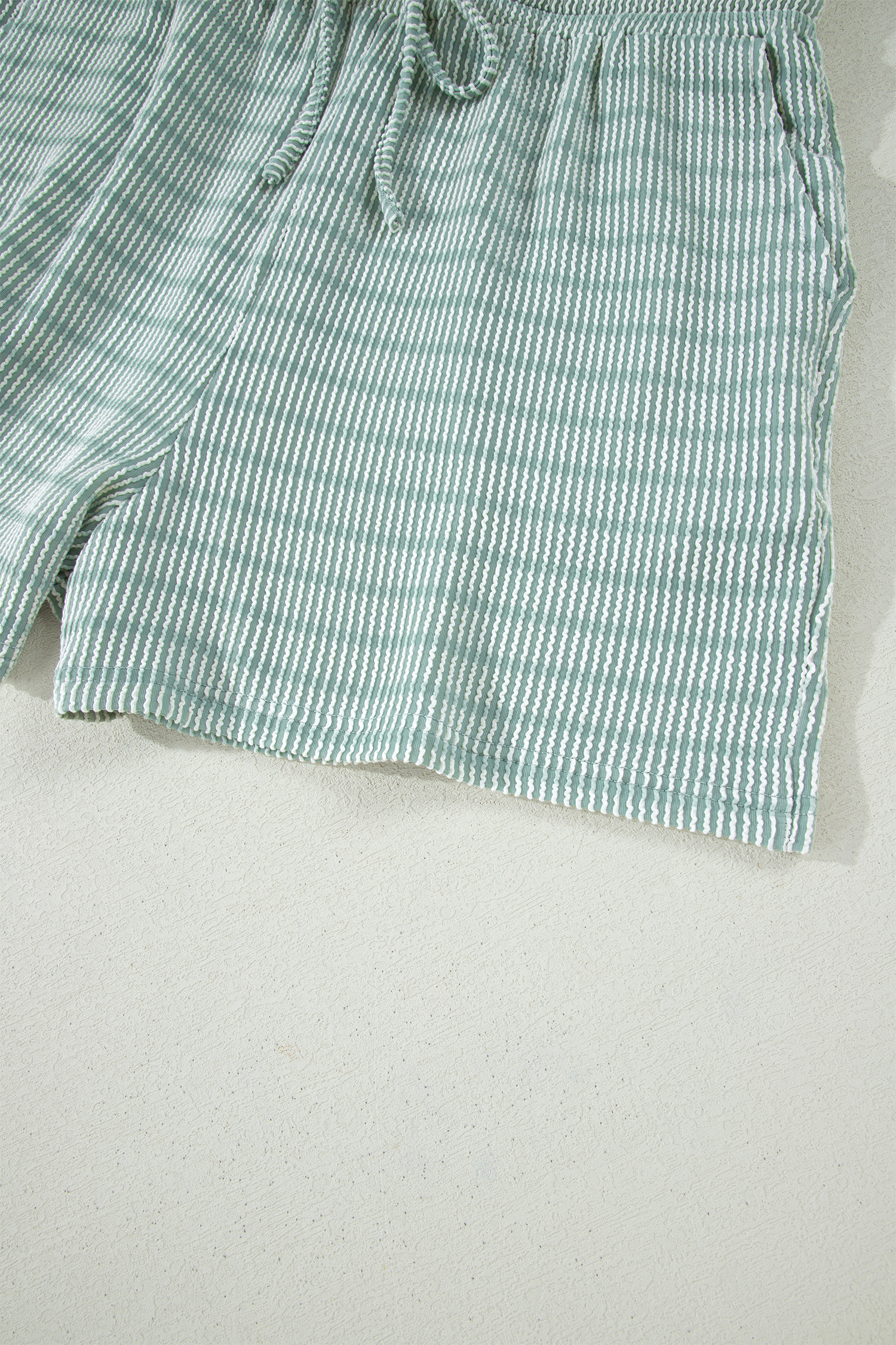 Green Striped Summer Lounge Set for Women – Short Sleeve Ribbed Top and Elastic Waist Shorts, Relaxed Fit - Detail View 14 Green Striped Summer Lounge Set for Women – Short Sleeve Ribbed Top and Elastic Waist Shorts, Relaxed Fit - Detail View 14