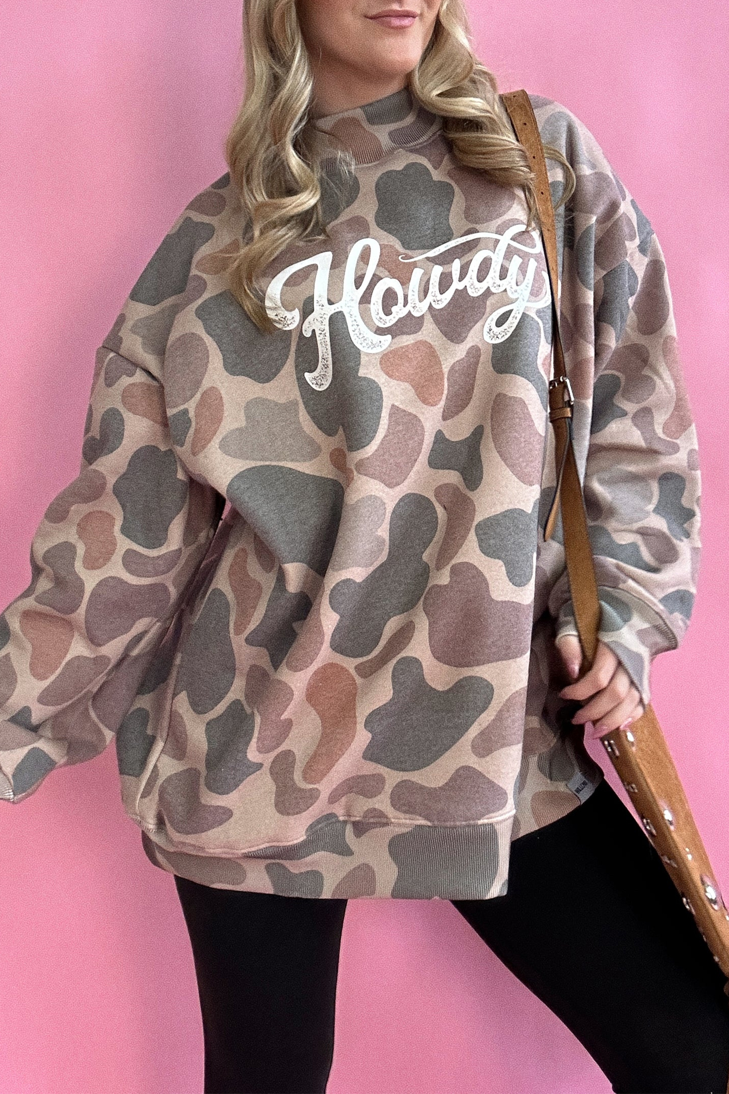 Western Style Howdy Sweatshirt – Women's Camo Print Pullover - Detail View 2 Western Style Howdy Sweatshirt – Women's Camo Print Pullover - Detail View 2