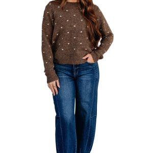 Women's Coffee Polka Dot Knit Sweater – Casual Daily Wear with Ribbed Edges - Main View