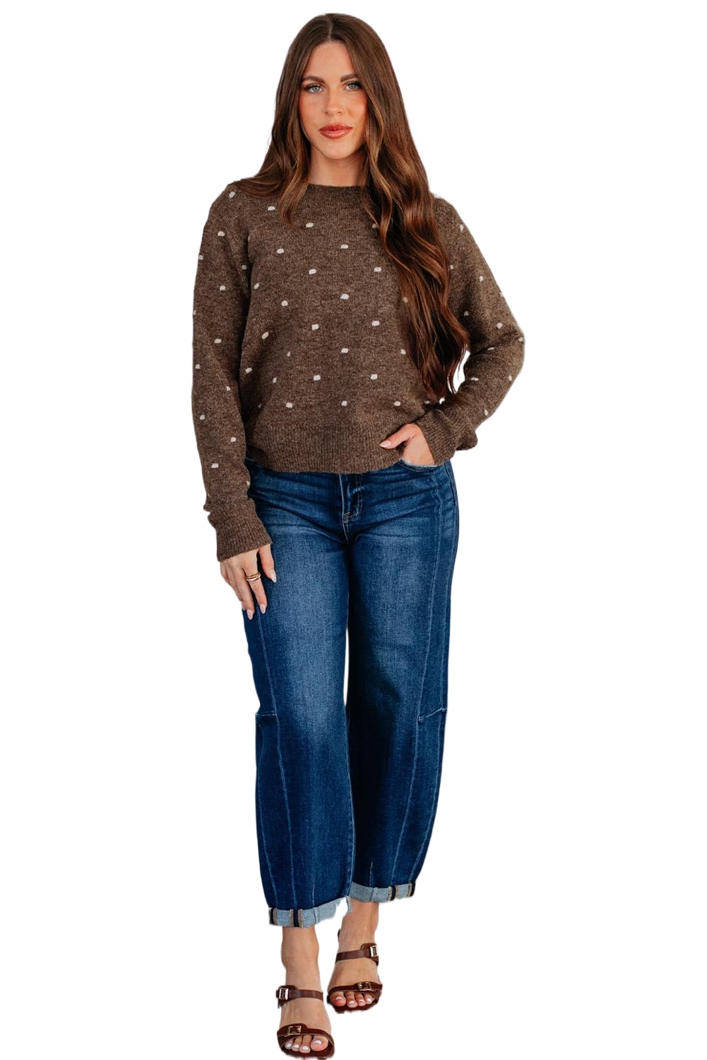 Women's Coffee Polka Dot Knit Sweater – Casual Daily Wear with Ribbed Edges - Main View Women's Coffee Polka Dot Knit Sweater – Casual Daily Wear with Ribbed Edges - Main View