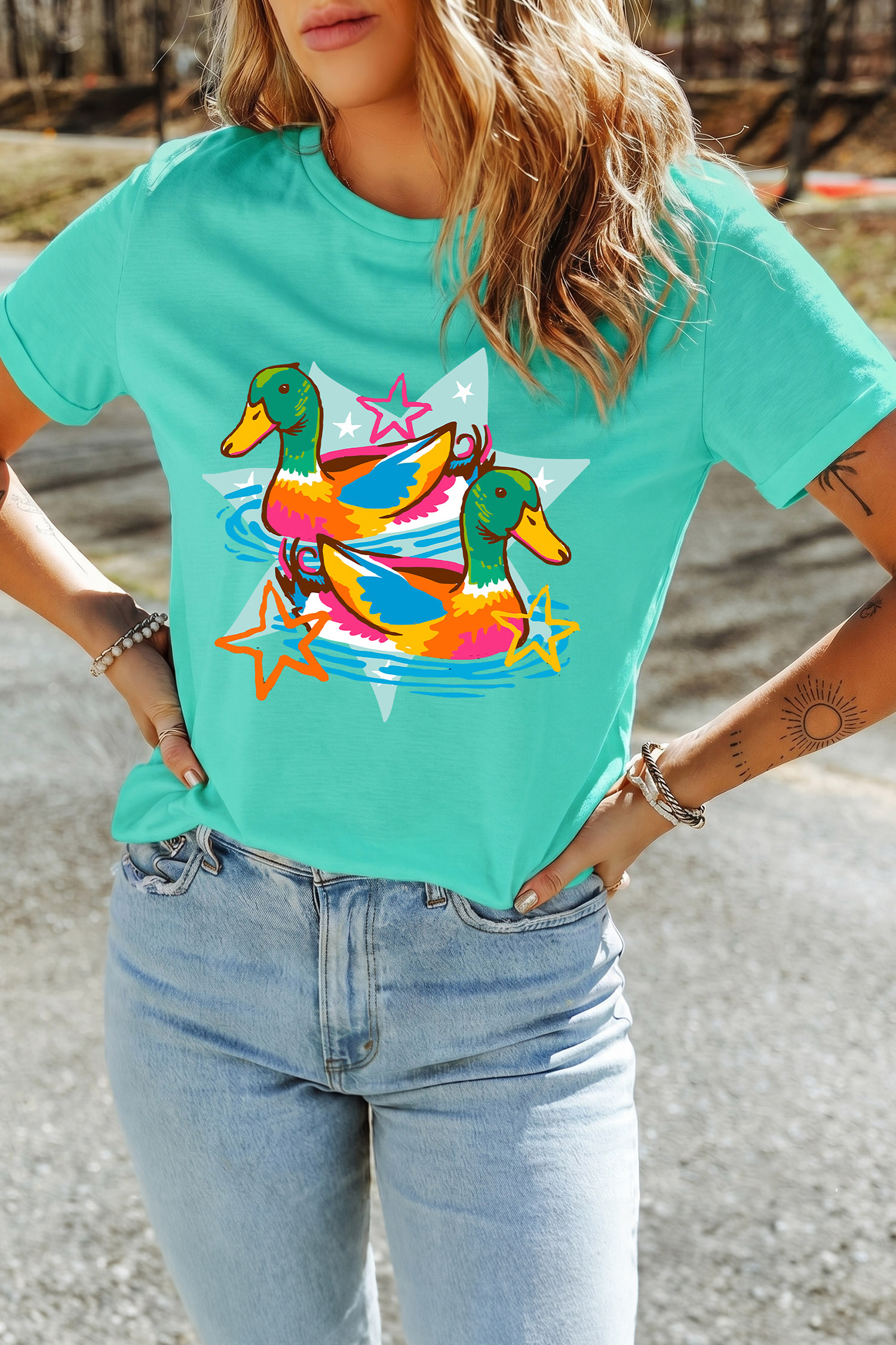 Western Print Duck Graphic Tee, Casual Mint Green Summer Top - Detail View 2 Western Print Duck Graphic Tee, Casual Mint Green Summer Top - Detail View 2