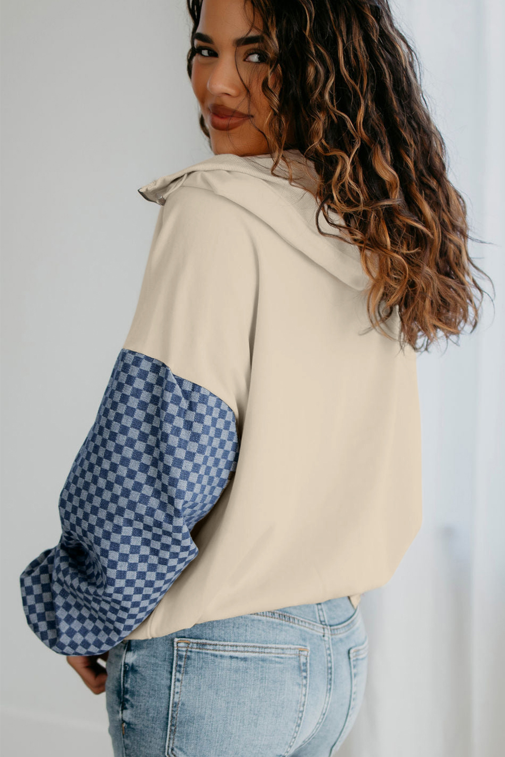 Stylish and Comfortable Parchment Checkered Hoodie with Front Pocket - Detail View 3 Stylish and Comfortable Parchment Checkered Hoodie with Front Pocket - Detail View 3