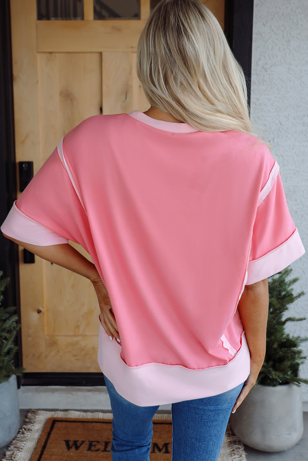 Chic Casual Peach Blossom Top - Short Sleeve with Edgy Raw Hemline - Detail View 2 Chic Casual Peach Blossom Top - Short Sleeve with Edgy Raw Hemline - Detail View 2