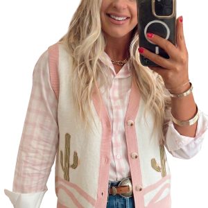 Women's Cactus Print Sweater Vest, Pink Button Front Layer - Main View