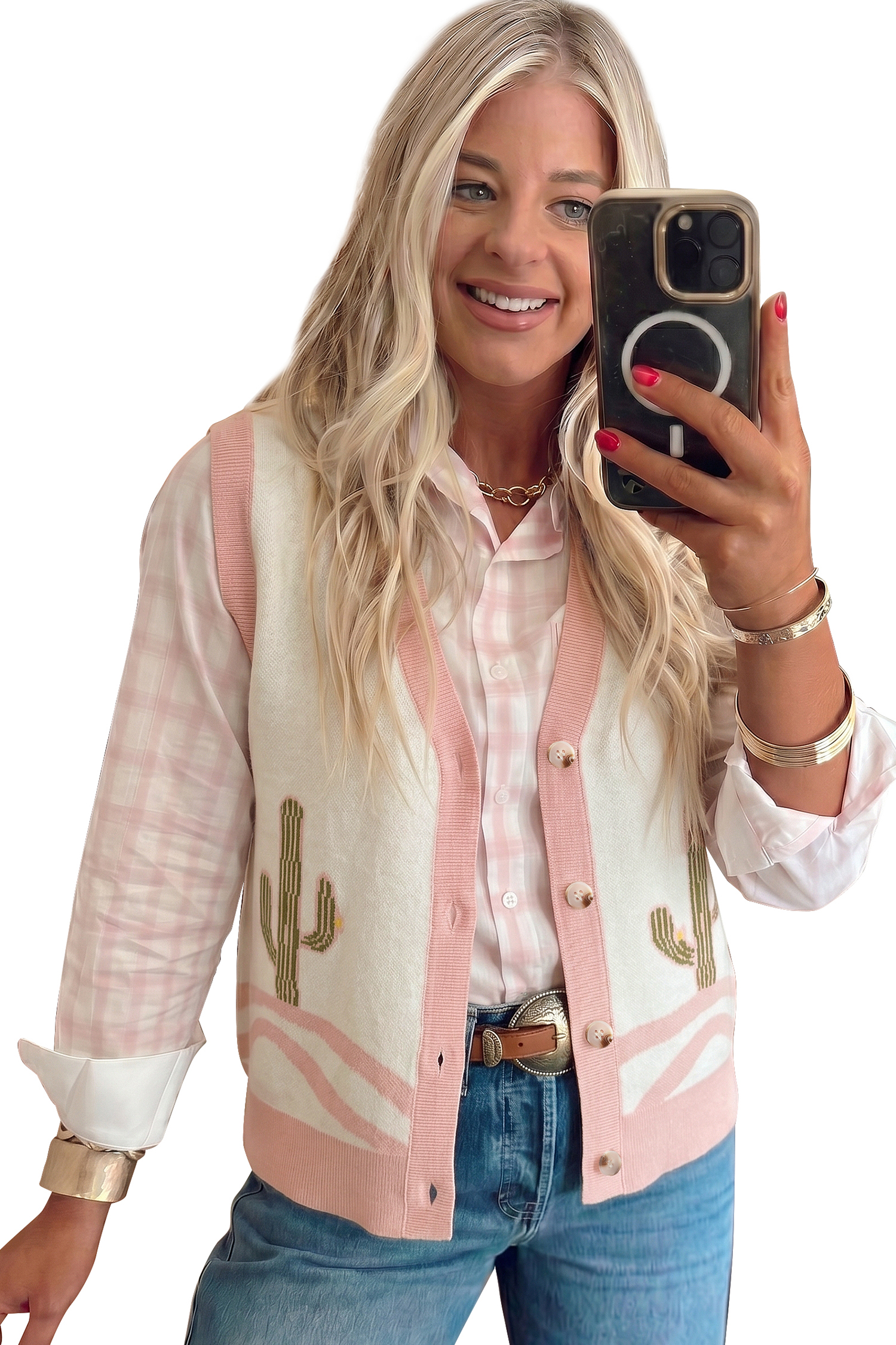 Women's Cactus Print Sweater Vest, Pink Button Front Layer - Main View Women's Cactus Print Sweater Vest, Pink Button Front Layer - Main View