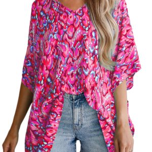 Women's Pink Abstract Print V Neck Half Sleeve Loose Fit Tunic Blouse for Casual and Vacation Wear - Main View