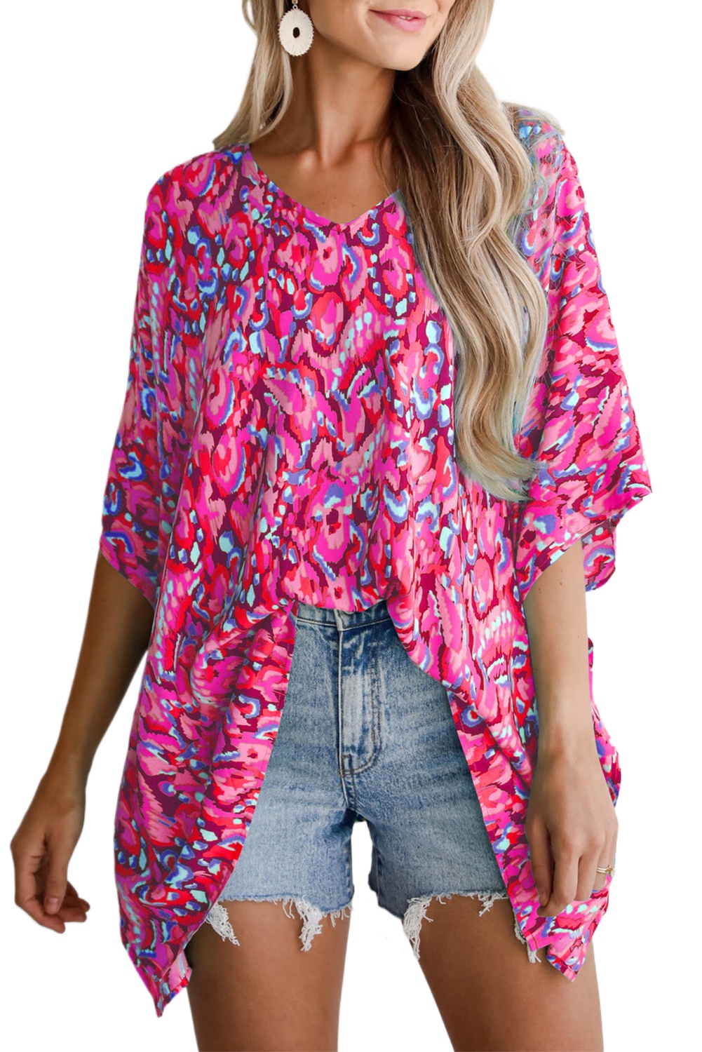 Women's Pink Abstract Print V Neck Half Sleeve Loose Fit Tunic Blouse for Casual and Vacation Wear - Main View Women's Pink Abstract Print V Neck Half Sleeve Loose Fit Tunic Blouse for Casual and Vacation Wear - Main View