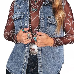 Women's Denim Vest, Casual Button Down Sleeveless Jacket - Main View