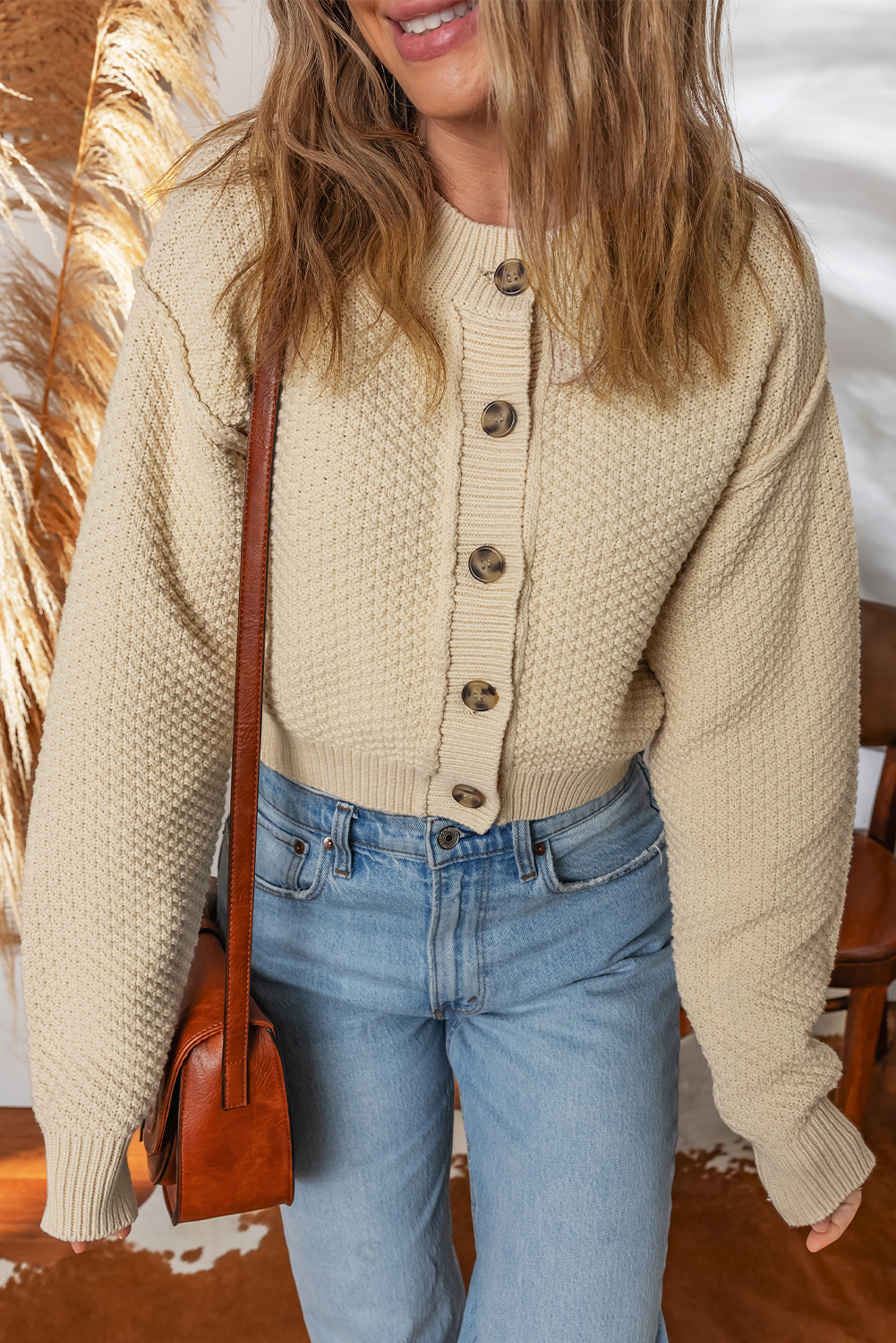 Cozy Beige Cropped Cardigan for Women – Button-Up Long Sleeve Sweater in Solid Color for Fall Outings - Detail View 8 Cozy Beige Cropped Cardigan for Women – Button-Up Long Sleeve Sweater in Solid Color for Fall Outings - Detail View 8