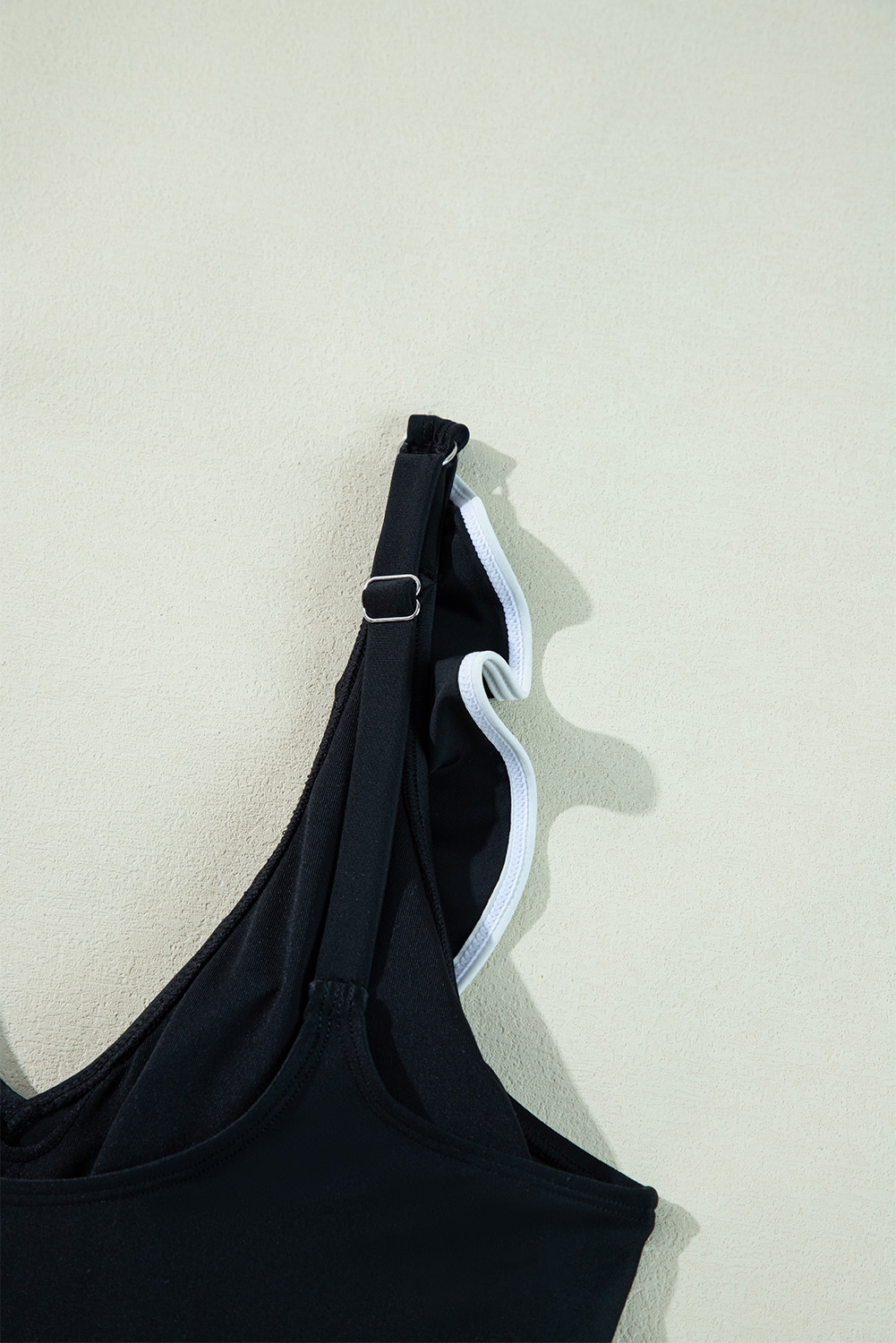 Flattering Black V Neck Swimsuit with Ruffled Details and Waist Tie for Beach Vacations - Detail View 18 Flattering Black V Neck Swimsuit with Ruffled Details and Waist Tie for Beach Vacations - Detail View 18