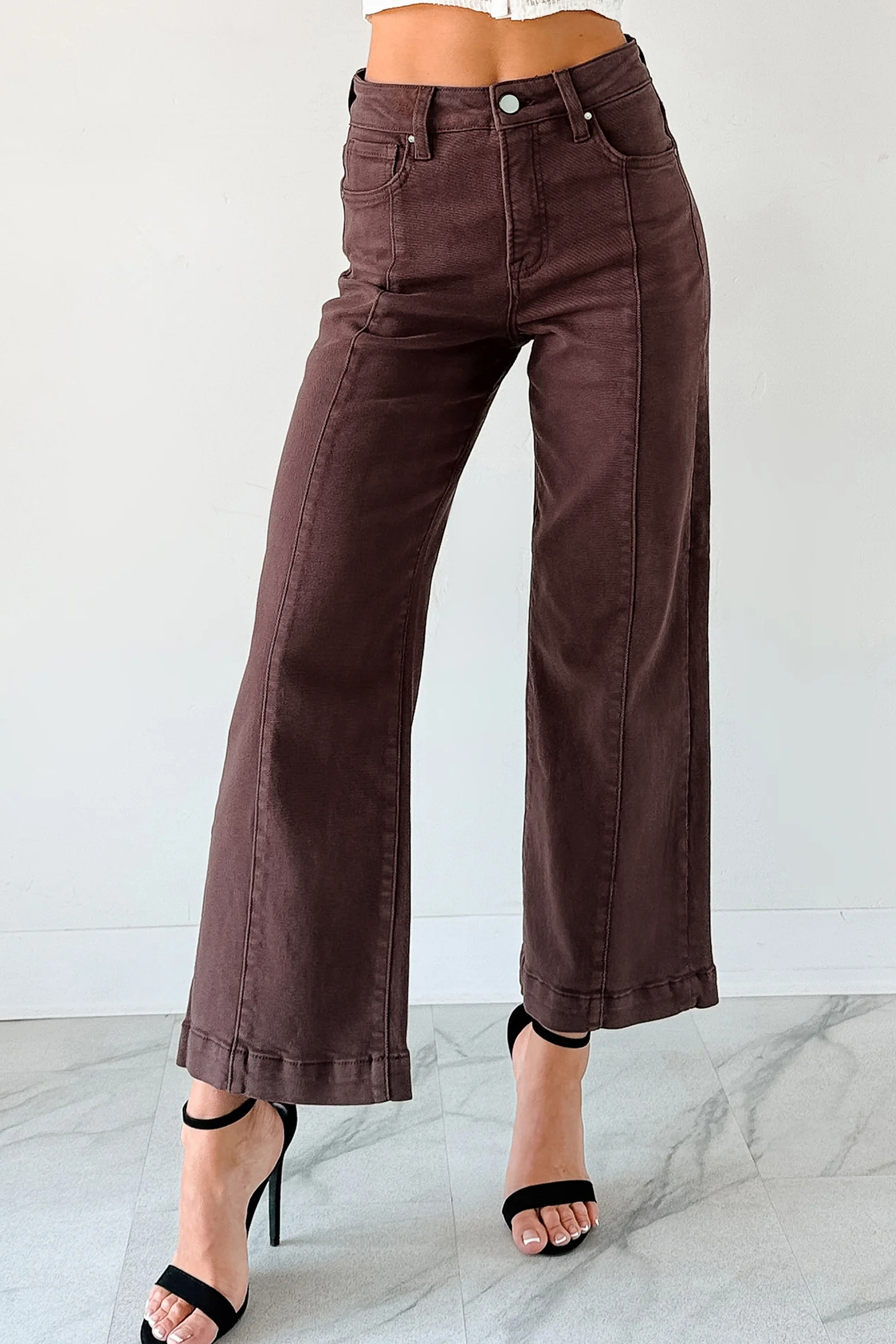 Women's Solid Red Sandalwood Wide Leg Jeans – Fall Ready Cropped Denim for Everyday - Detail View 6 Women's Solid Red Sandalwood Wide Leg Jeans – Fall Ready Cropped Denim for Everyday - Detail View 6