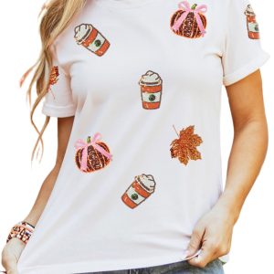 Women's Sequined Fall Graphic T Shirt, Casual Short Sleeve - Main View