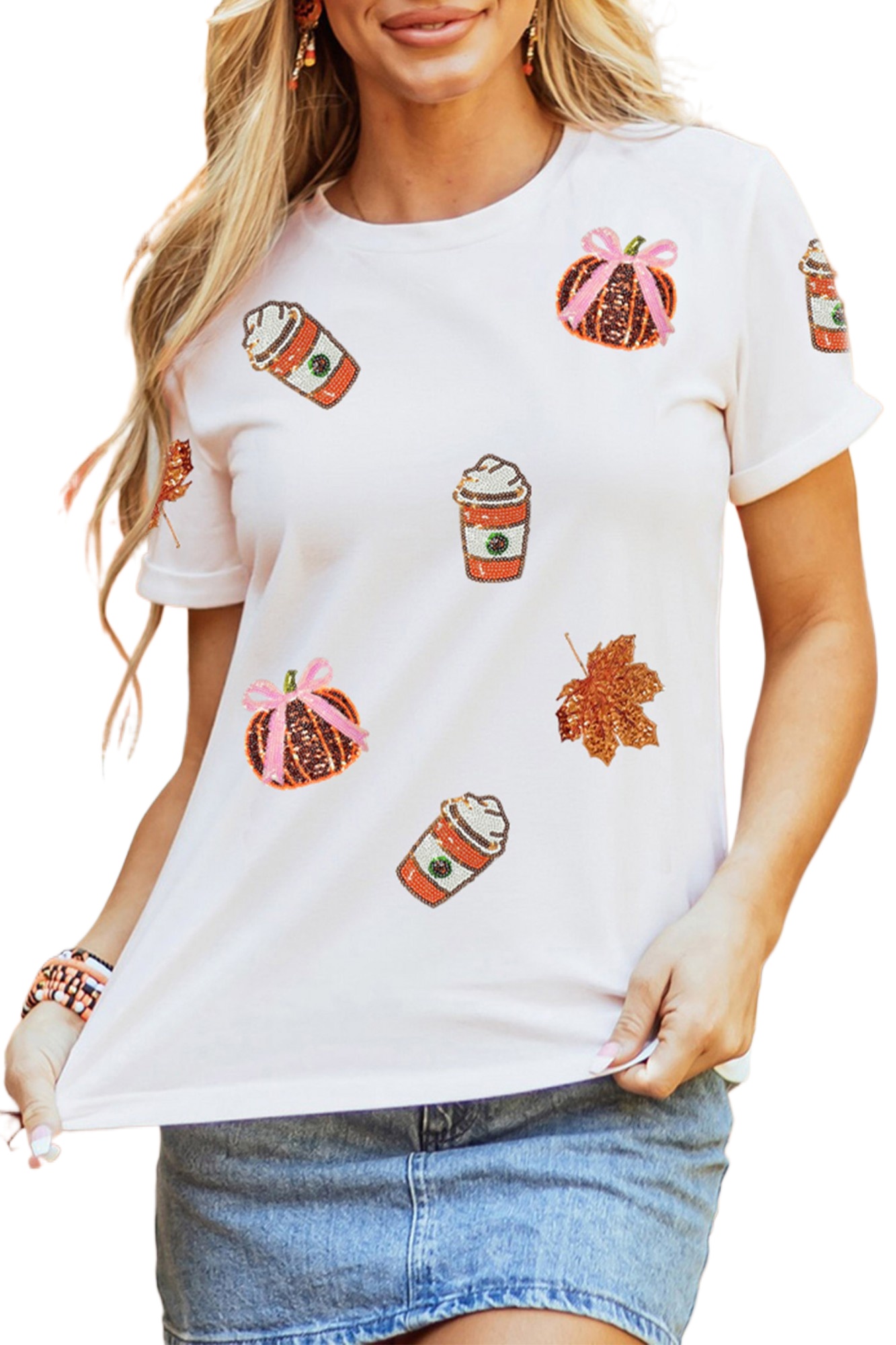 Women's Sequined Fall Graphic T Shirt, Casual Short Sleeve - Main View Women's Sequined Fall Graphic T Shirt, Casual Short Sleeve - Main View