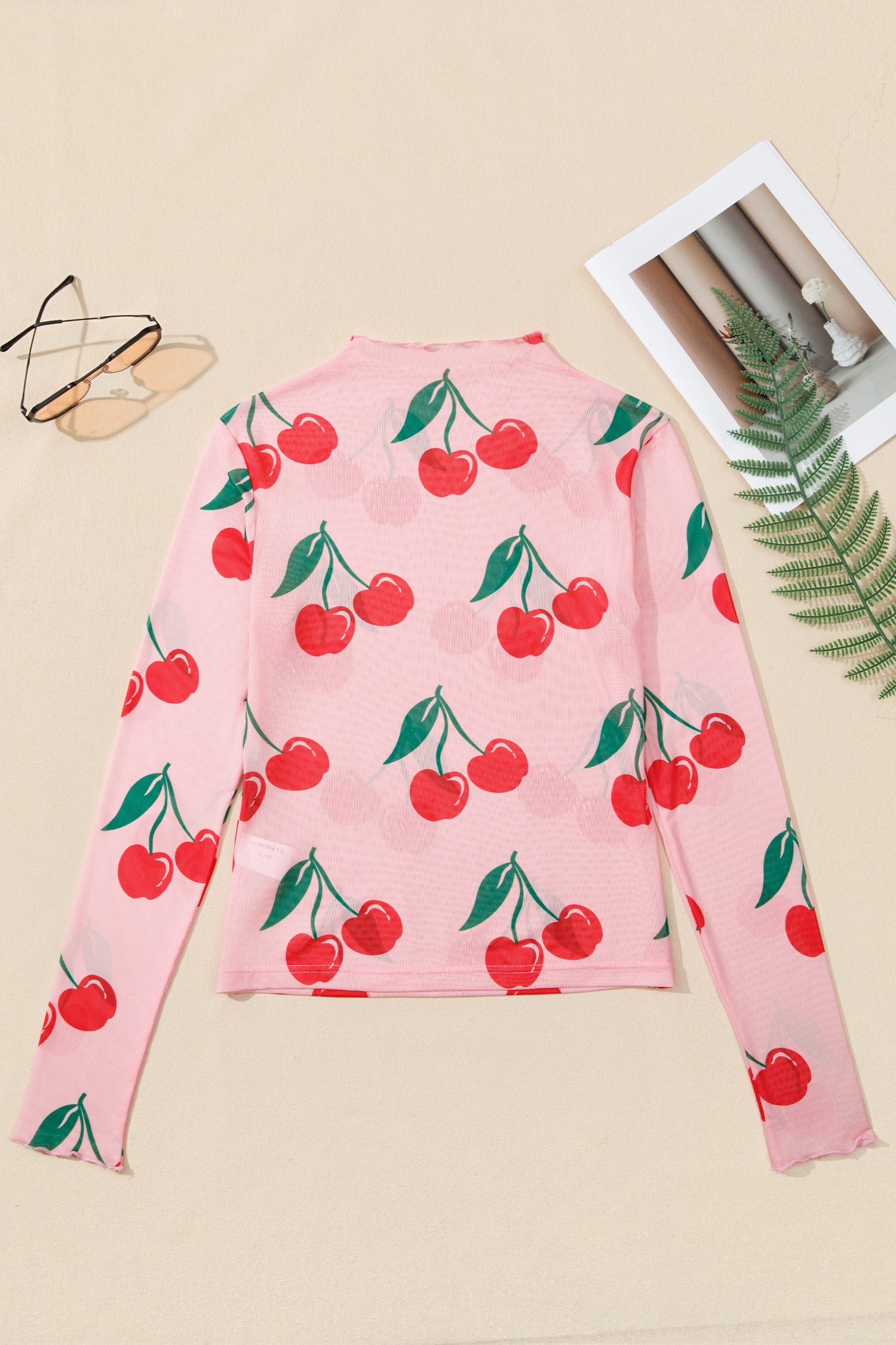 Stylish Pink Cherry Print Lettuce Trim Mesh Top for Women – Perfect for Spring Outings - Detail View 5 Stylish Pink Cherry Print Lettuce Trim Mesh Top for Women – Perfect for Spring Outings - Detail View 5