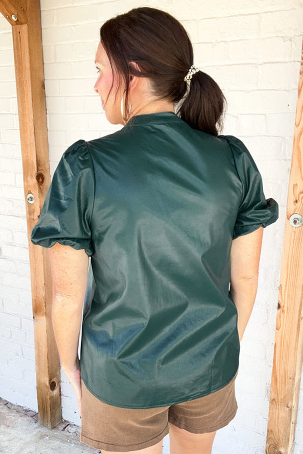Elegant Women's Sea Green PU Leather Blouse with Notched V Neck and Puff Sleeves - Detail View 2 Elegant Women's Sea Green PU Leather Blouse with Notched V Neck and Puff Sleeves - Detail View 2