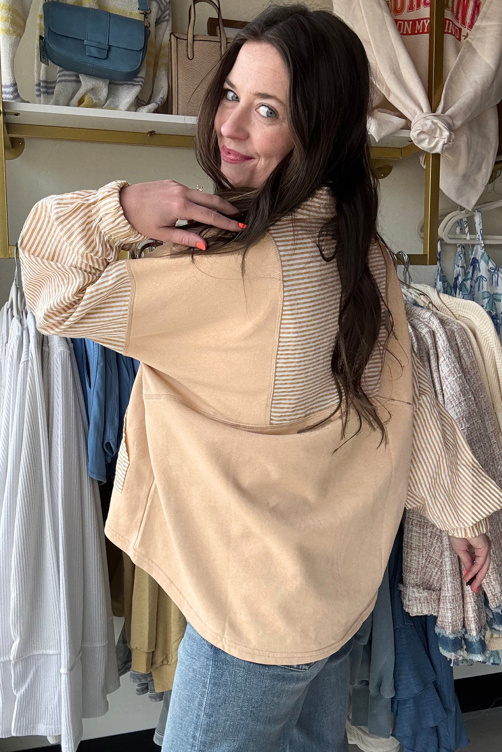 Casual Fall & Autumn Loose Fit Long Sleeve Tee with Striped Design - Detail View 2 Casual Fall & Autumn Loose Fit Long Sleeve Tee with Striped Design - Detail View 2