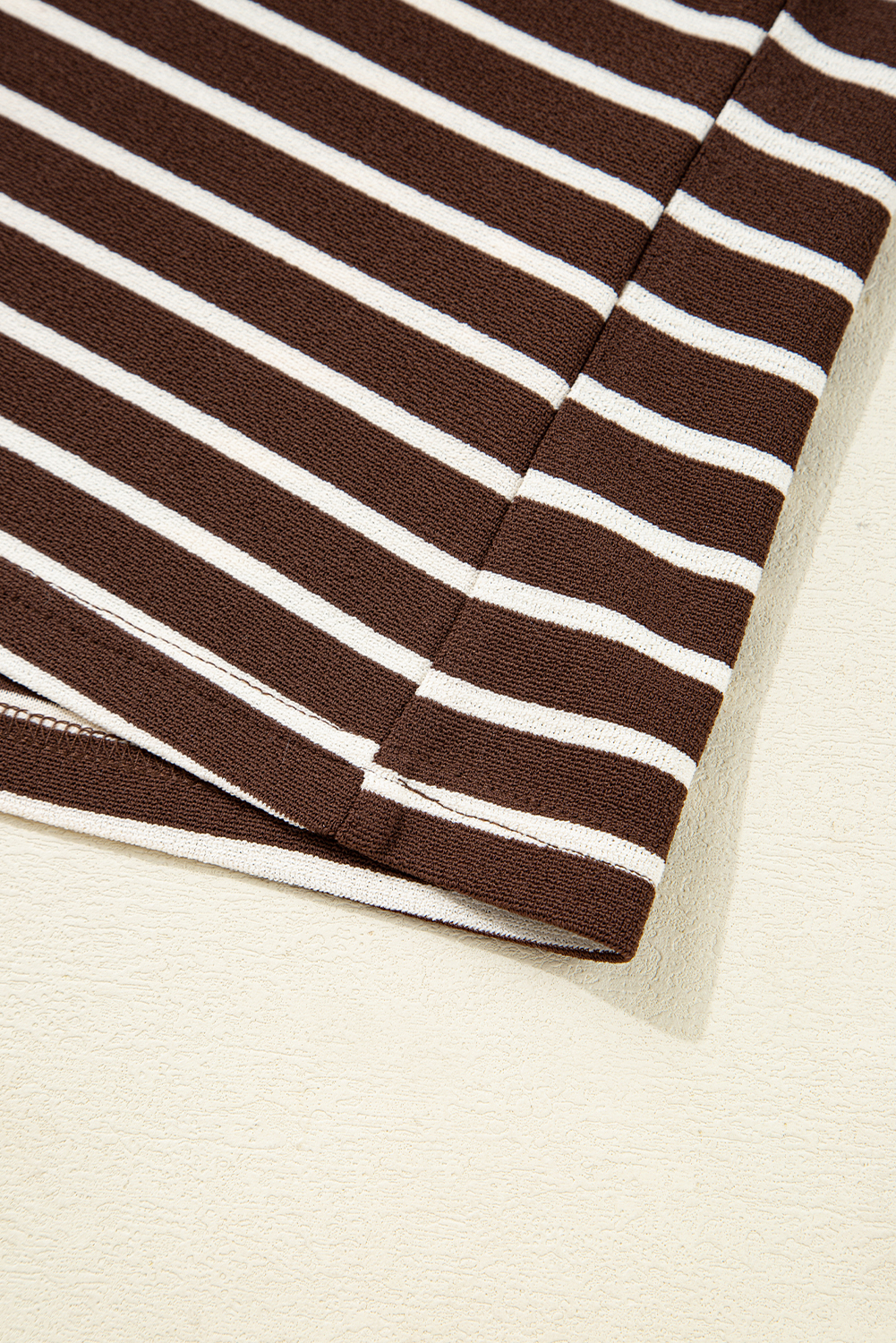 Women's Brown Stripe Ribbed Cropped Crew Neck Long Sleeve T-Shirt - Detail View 13 Women's Brown Stripe Ribbed Cropped Crew Neck Long Sleeve T-Shirt - Detail View 13