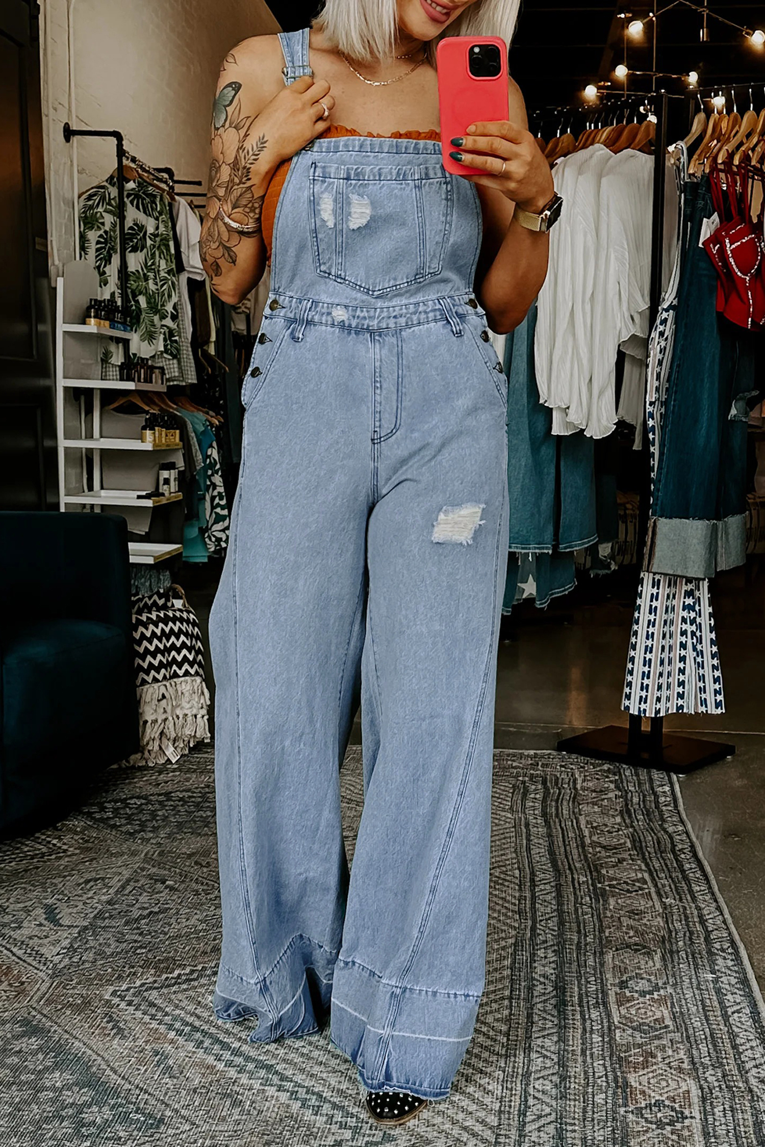 Women's Mist Blue Denim Overall Jumpsuit – Distressed Wide Leg Romper with Adjustable Straps - Detail View 7 Women's Mist Blue Denim Overall Jumpsuit – Distressed Wide Leg Romper with Adjustable Straps - Detail View 7