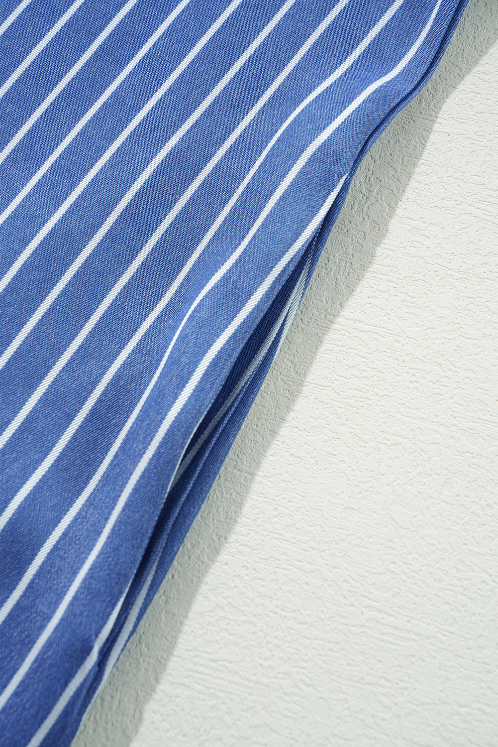 Women's Dress, Sky Blue, Stripe, Mini Dress, Ruffle Sleeve, Split Neck, Casual, Playful, Flirty, Shirred Design, Faux Leather Trim, Concealed Pockets, Summer Fashion, Daily Wear, Relaxed Silhouette - Detail View 12 Women's Dress, Sky Blue, Stripe, Mini Dress, Ruffle Sleeve, Split Neck, Casual, Playful, Flirty, Shirred Design, Faux Leather Trim, Concealed Pockets, Summer Fashion, Daily Wear, Relaxed Silhouette - Detail View 12
