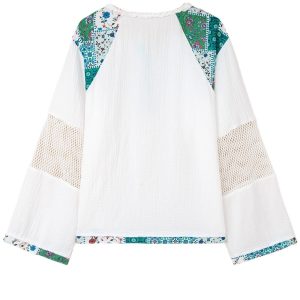 Women's White Color Block Half Button Blouse with Plant Mesh Patchwork - Main View